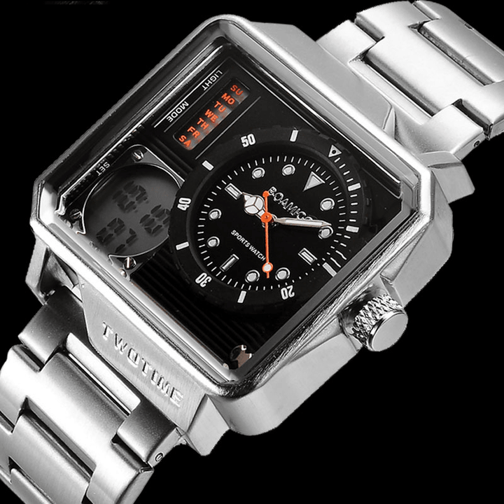 BOAMIGO F930 Creative Men Digital Watch Large Dial Dual Time Zone LED Light Date Week Display Stainless Steel Strap Dual Display Watch - Trendha