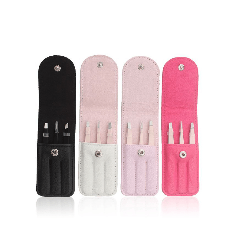 3Pcs 4 Colors Stainless Steel Eyebrow Beauty Tweezers Face Hair Removal with Bag Makeup Tool - Trendha
