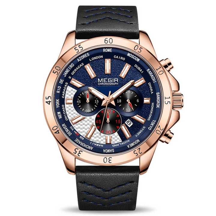 MEGIR 2103 Military Chronograph Calendar Luminous Men Wrist Watch Leather Strap Quartz Watch - Trendha
