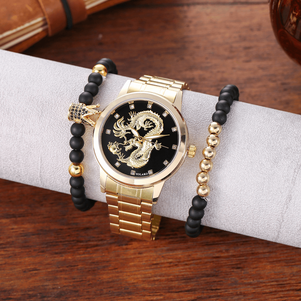 Alloy Stainless Steel Dragon Pattern Men Business Watch Decorated Pointer Quartz Watch Bracelet - Trendha