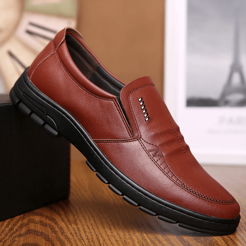 Men Cowhide Leather Soft Bottom Slip on Warm Lining Comfy Dress Casual Business Shoes - Trendha