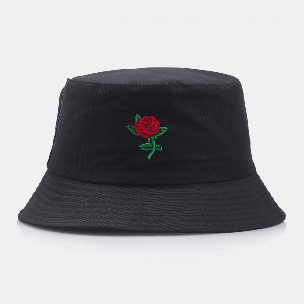Unisex Cartoon Rose Embroidery Twill Cap Outdoor Suncreen Sunshade Bucket Hat - Trendha