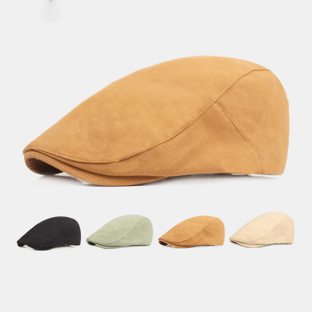 Men Cotton Beret Cap Solid Color Adjustable Casual Retro Sunshade Forward Cap Flat Hat - Trendha