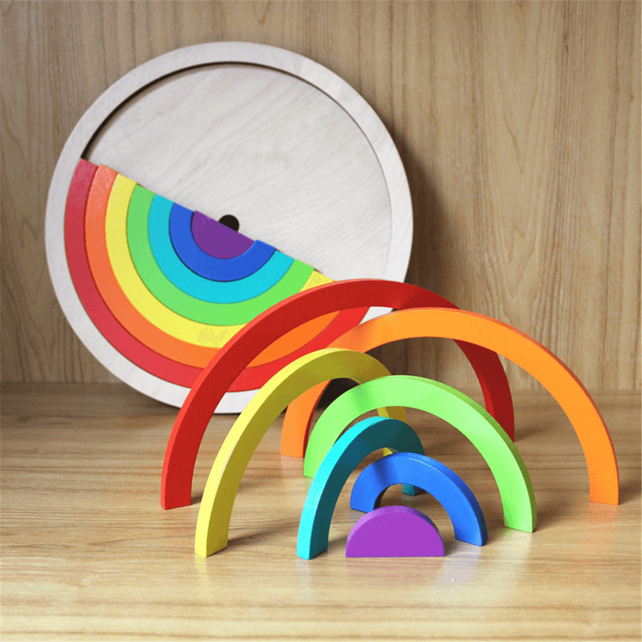 Wooden Rainbow Blocks Stacking Model Building Construction Kids Toy Intellectual - Trendha