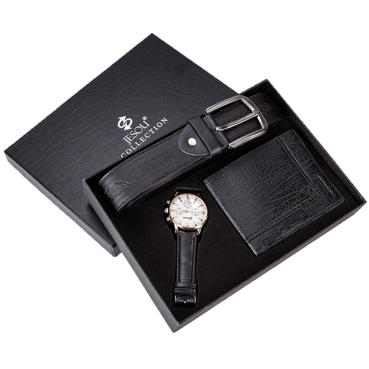 XSVO 3Pcs Men Gift Set Classic Business Leather Wristband Male Quartz Watch Folding Wallet Belt - Trendha