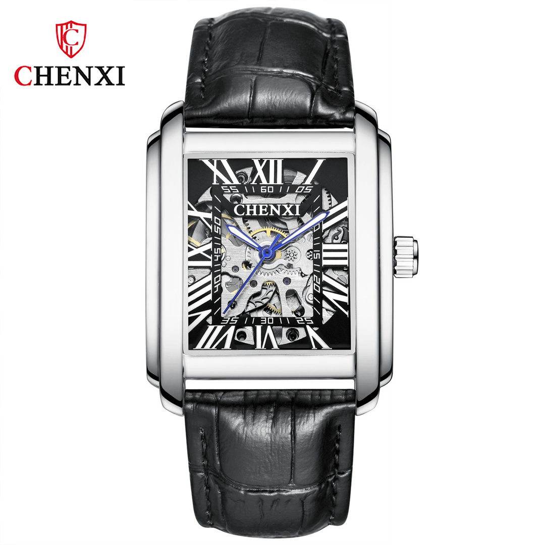 CHENXI Men Automatic Mechanical Watch Square 3D Hollowed-Out Dial Luminous Pointer Leather Strap Waterproof Wrist Watch - Trendha