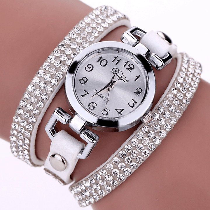 DUOYA Casual Style Crystal Ladies Bracelet Watch Luxury Fine Leather Winding Women Quartz Watches - Trendha