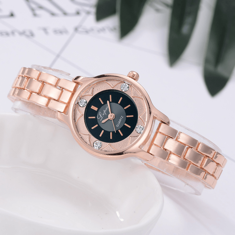LVPAI FD1245 Flower Print Dial Ladies Bracelet Watch Alloy Diamond Quartz Watch - Trendha
