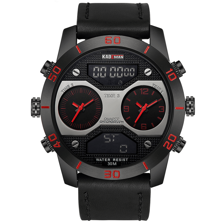 KADEMAN 158 Fashion Men Digital Watch Luminous Date Month Display Leather Strap LCD Dual Display Watch - Trendha