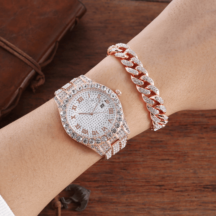 Alloy Hip Hop Luxury 2 PCS Hip-Hop Chain Full Diamond Watch Bracelet Lady Quartz Watch - Trendha
