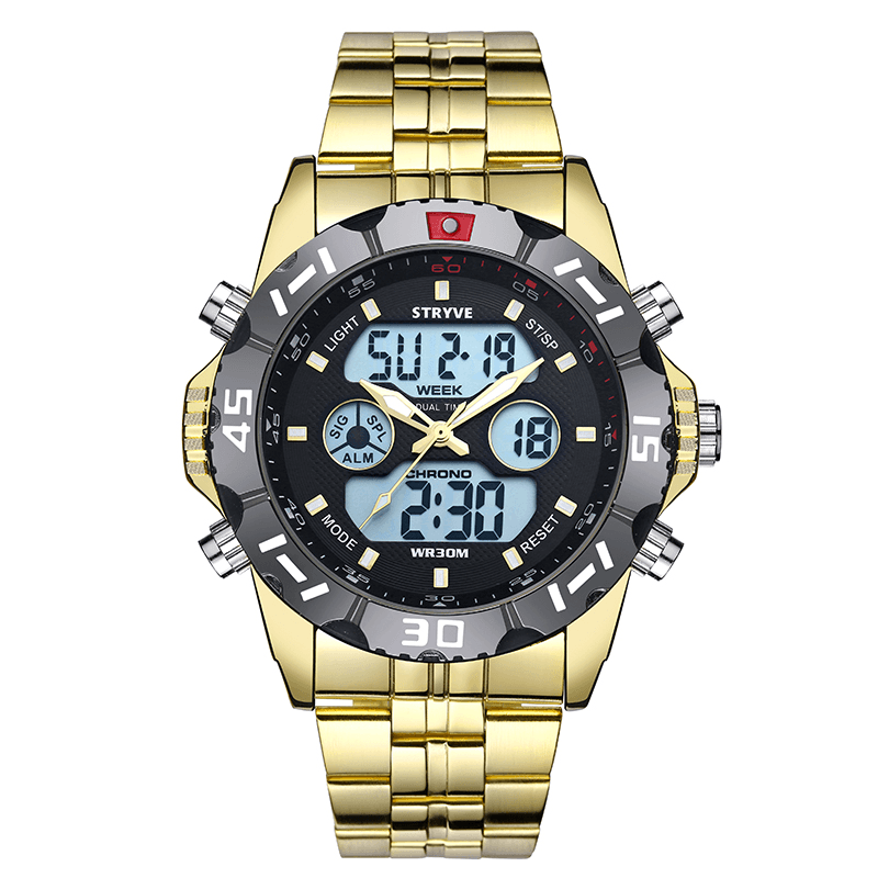 STRYVE S8011 Chronograph Alarm Calendar Stainless Steel Sport Dual Display Digital Watch - Trendha