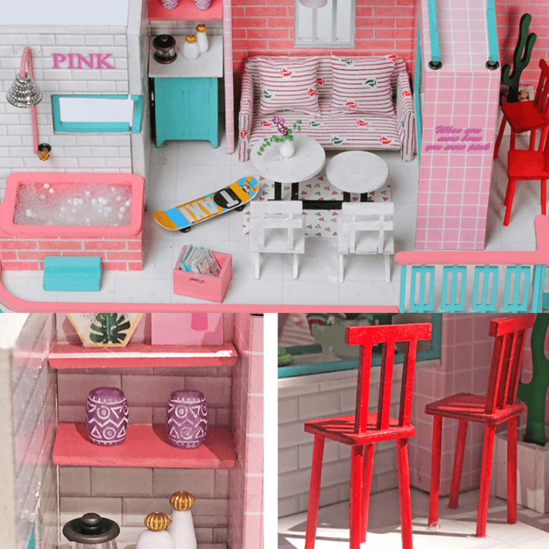 Handmade 3D Wooden Miniatures Doll House Pink Cafe Dollhouse Furniture Diy Miniature Toys for Girls Birthday Gifts - Trendha