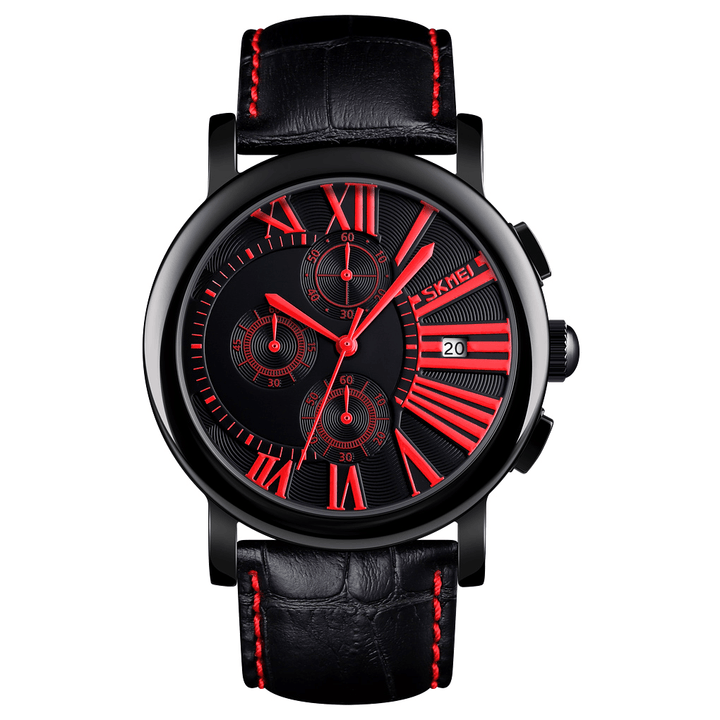SKMEI 9196 Men Fashion Leather Strap Stopwatch Date Display Roman Numerals Sport Quartz Watch - Trendha