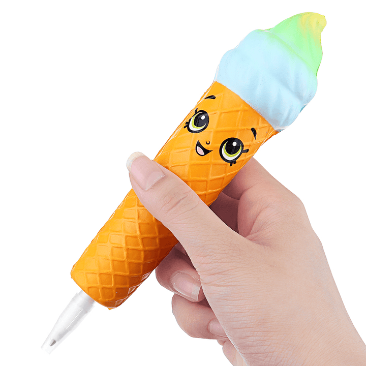 Squishy Pen Cap Smile Face Ice Cream Cone Slow Rising Jumbo with Pen Stress Relief Toys Student Office Gift - Trendha