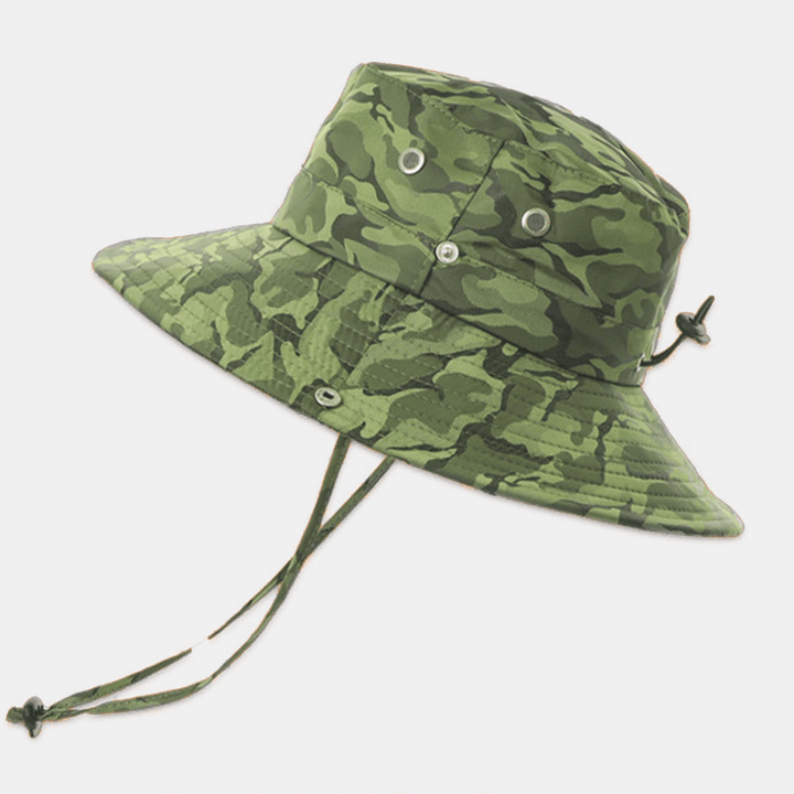 Men Camouflage Big Brim Windproof Rope Outdoor Fishing Climbing Anti-Uv Sunshade Bucket Hat - Trendha