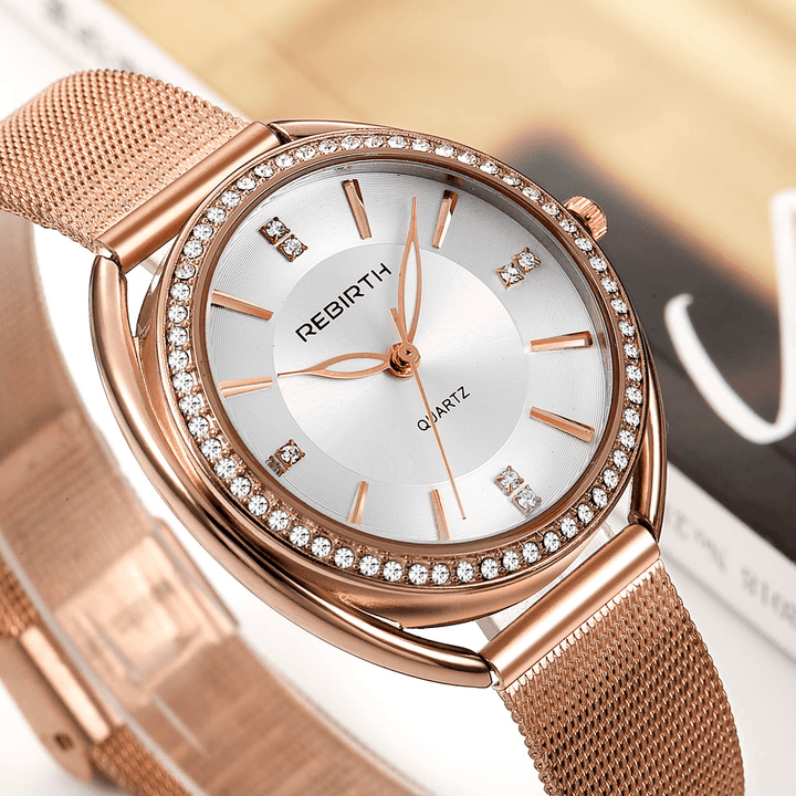 REBIRTH RE115 Diamond Dial Case Women Wrist Watch Full Steel Elegant Design Quartz Watch - Trendha