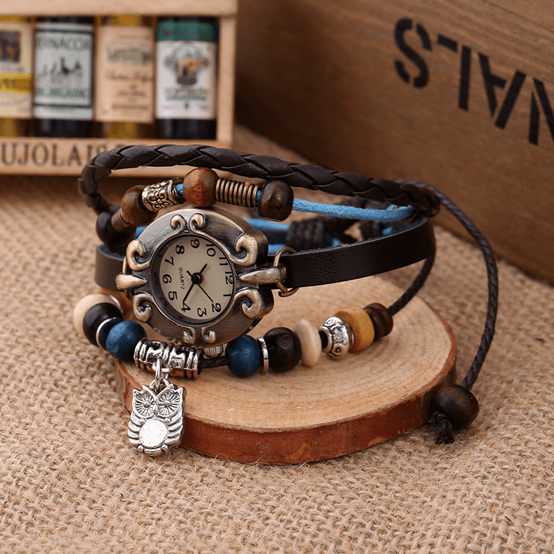 Retro Style Vintage Braided Quartz Watch Atmospheric Beaded Leather Owl Pendant Bracelet Watch - Trendha