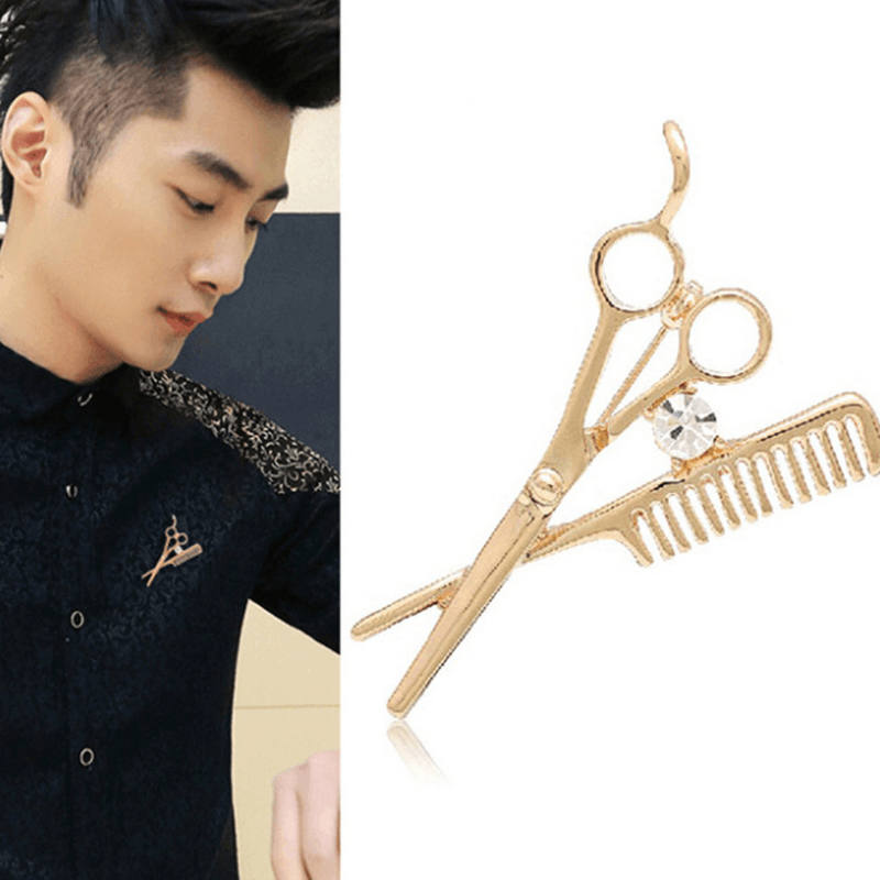Jewelry Korean Barber Brooch Men'S Pin Diamond Emblem Badge Scissors Comb Small Suit Collar Pin - Trendha