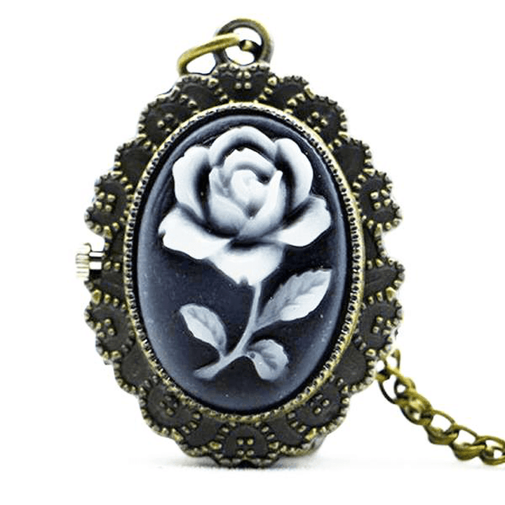 DEFFRUN Fashion Flower Rose Bronze Quartz Pocket Watch Retro Pendant Necklace - Trendha