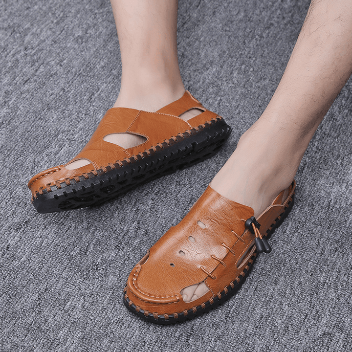 Men Hand Stitching Cow Leather Non Slip Soft Sole Casual Sandals - Trendha