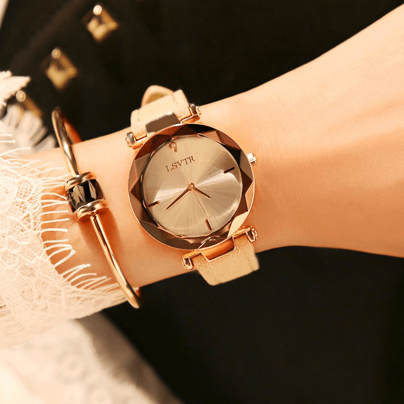 LSVTR Casual Fashion Diamond Pattern Dial Rhinestone PU Leather Strap Women Wristwatch Quartz Watch - Trendha