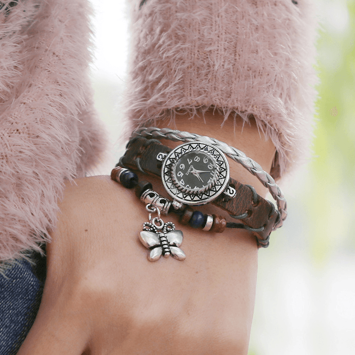 Deffrun Vintage Cow Leather Women Bracelet Watch Butterfly Pendant Small Dial Quartz Watch - Trendha