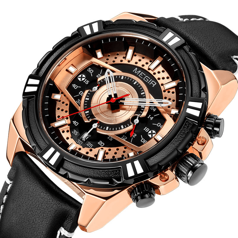 MEGIR 2118 Sports Style Complete Calendar Chronograph Waterproof Leather Quartz Watch Men Wristwatch - Trendha