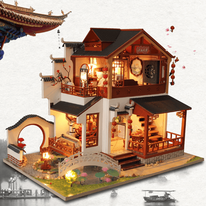 Wooden DIY Doll House with Furniture Zhao Hua Xi Shi Retro Chinese Style Antique Architecture Loft Doll House Indoor Toys - Trendha