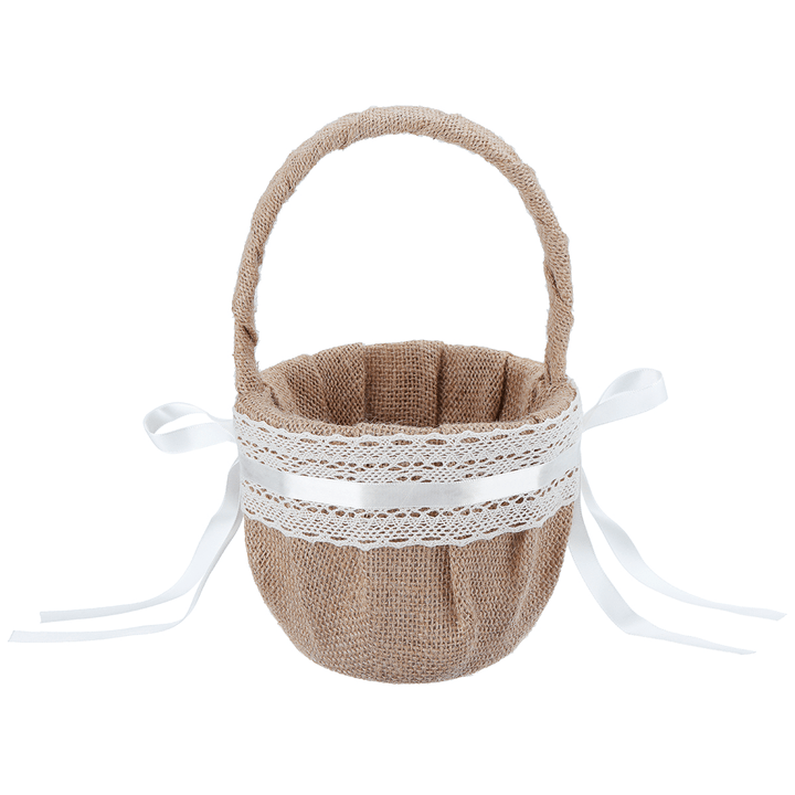 Linen Lace Basket Romantic Bowknot Handled Flower Ceremony Wedding Party Storage Baskets - Trendha