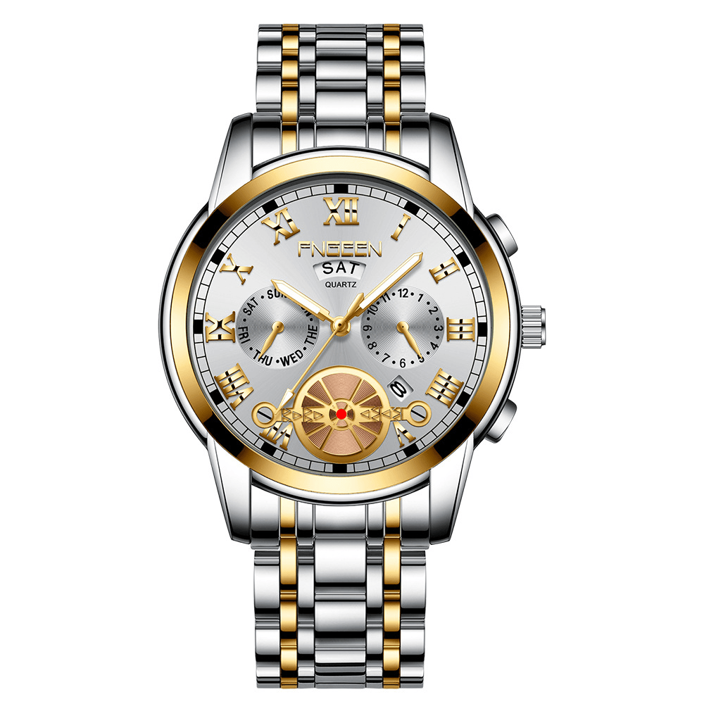 FNGEEN Business Large Dial Men's Quartz Watch with Luminous Display, Calendar & Stainless Steel Band - Trendha