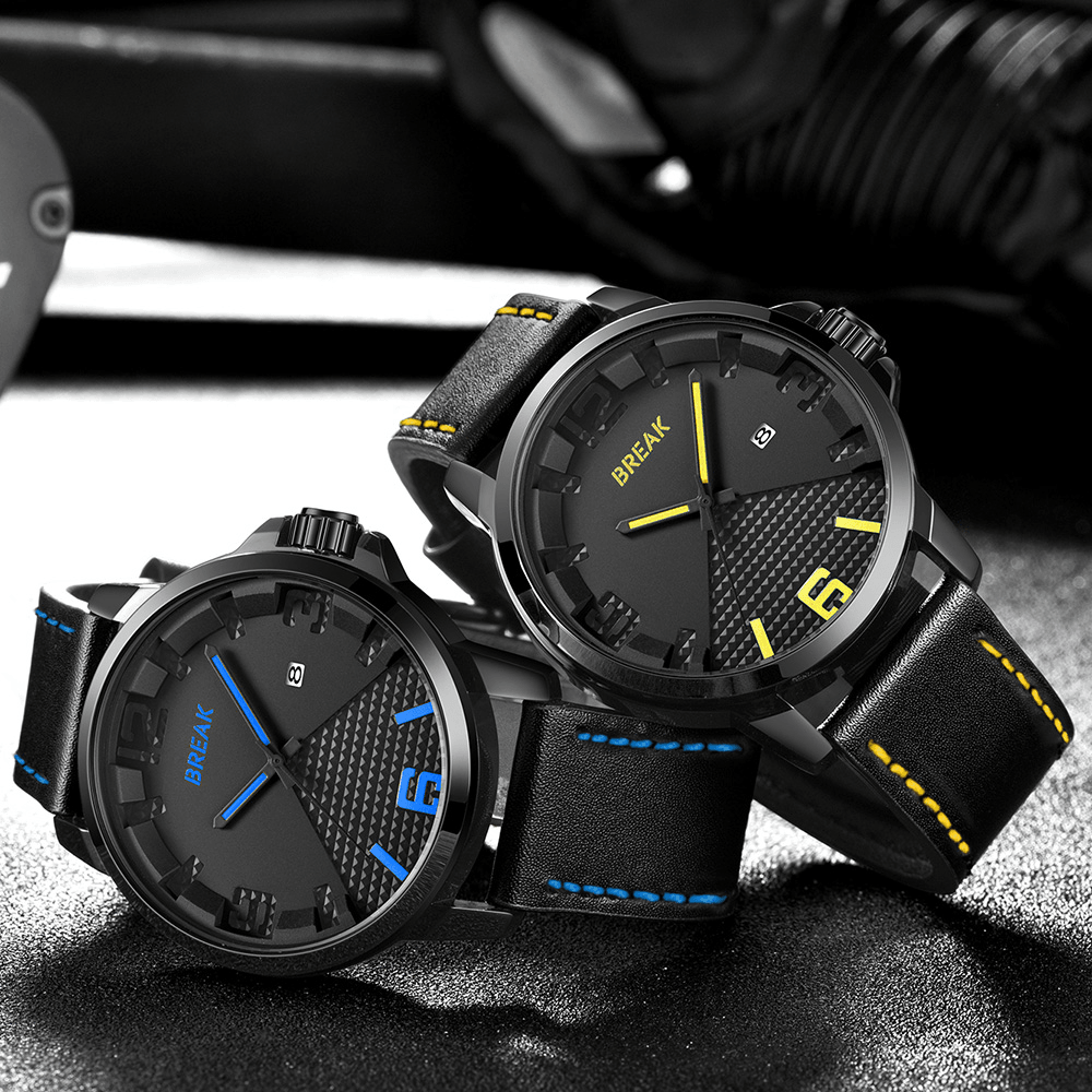 BREAK 3301 Casual Style Waterproof Men Wrist Watch Leather Strap Date Display Quartz Watch - Trendha