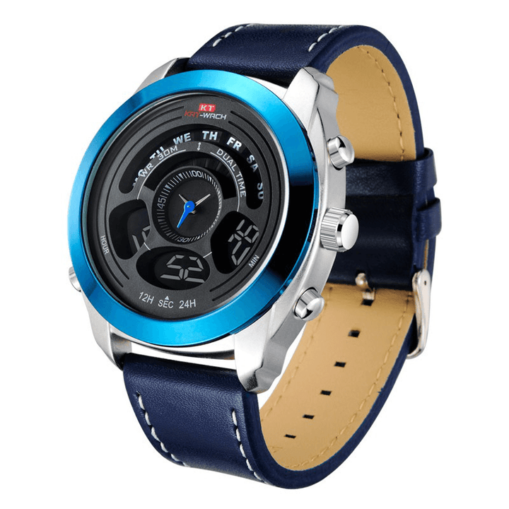 KAT-WACH 731 Fashion Sport Men Digital Watch Date Week Month Display Chronograph Leather Strap LED Dual Display Watch - Trendha