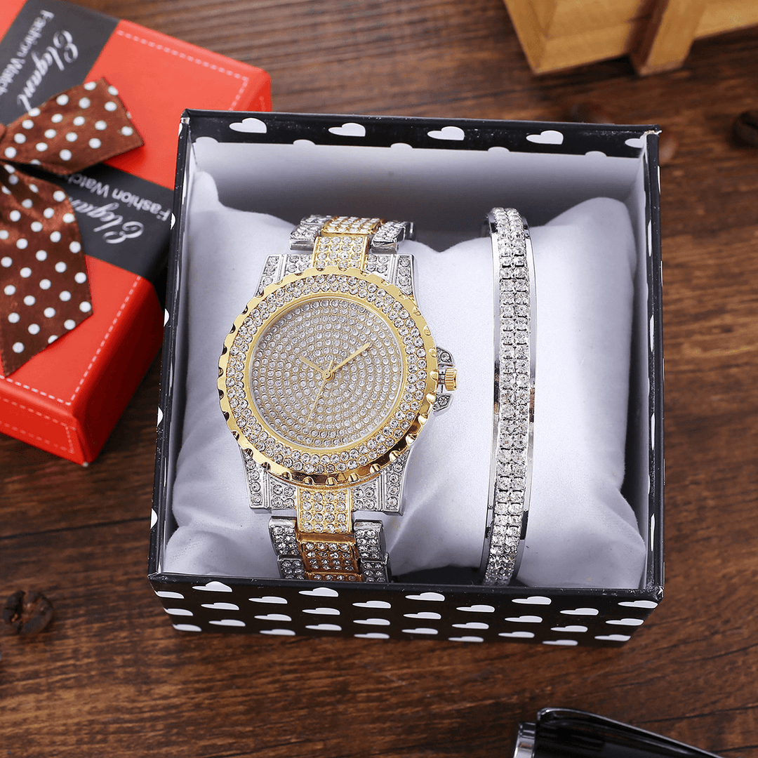 2Pcs Fashion Luxury Full Diamond Steel Band Quartz Watch Punk Rhinestone Bracelet Set - Trendha