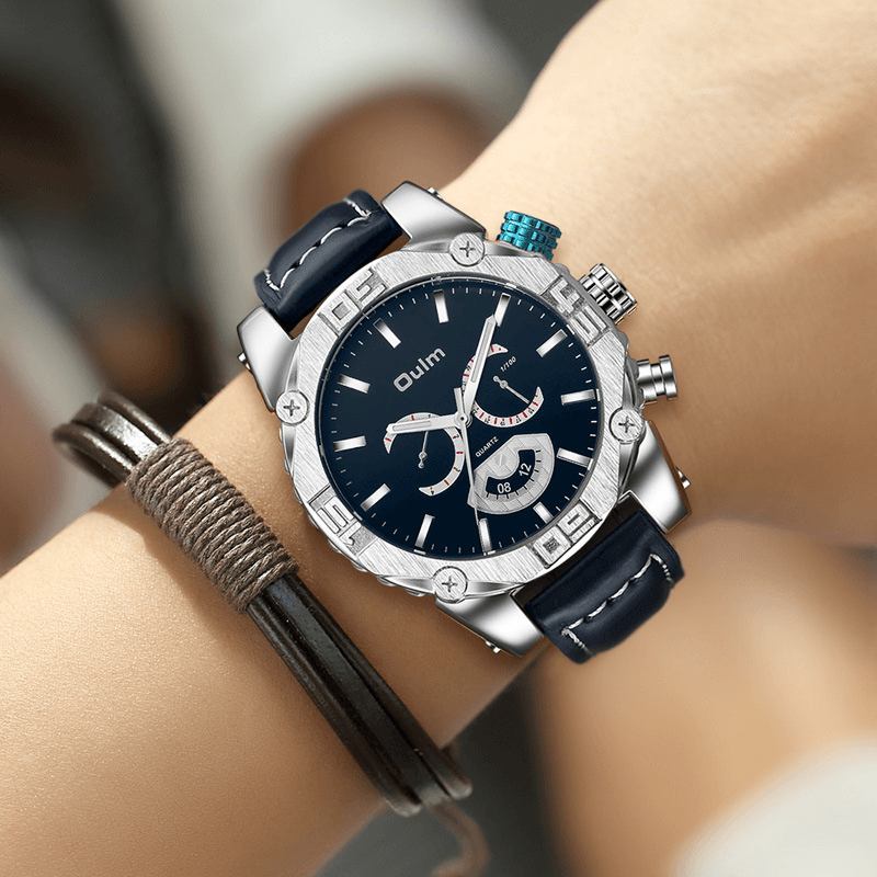 Oulm HP3694 Fashion Business Men Watch Large Dial 3ATM Waterproof Leather Strap Male Quartz Watch - Trendha