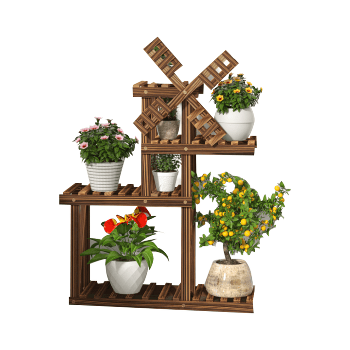 Wooden Plant Stand Windmill-Shape Flower Pots Organizer Shelf Display Rack Holder Bookshelf for Indoor Outdoor Patio Garden Corner Balcony Living Room - Trendha