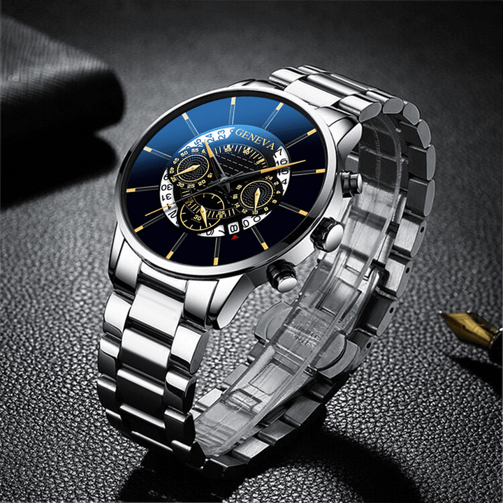 Decorated Pointer Business Style Men Watch Calendar Stainless Steel Band Quartz Watch - Trendha