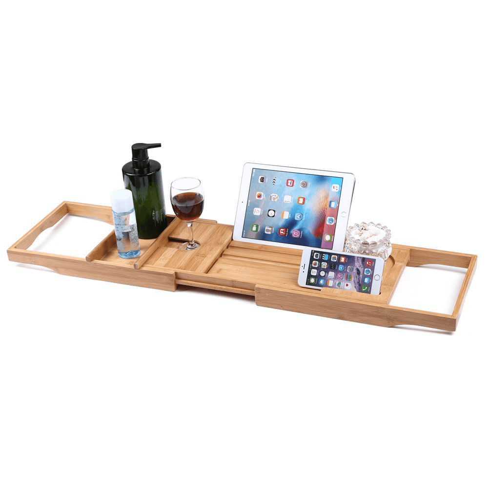 Honana BX-816 Expandable Bamboo Bath Caddy Wine Glass Holder Tray over Bathtub Rack Support Storage - Trendha
