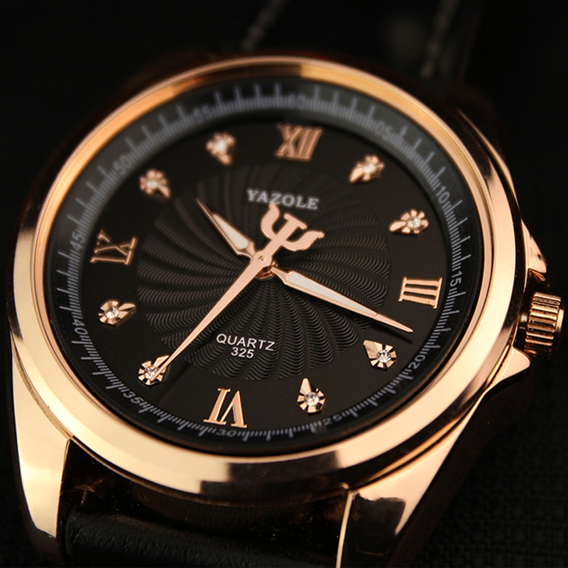 YAZOLE 325 Men Crystal Rose Gold Case Leather Band Luminous Display Quartz Watch - Trendha
