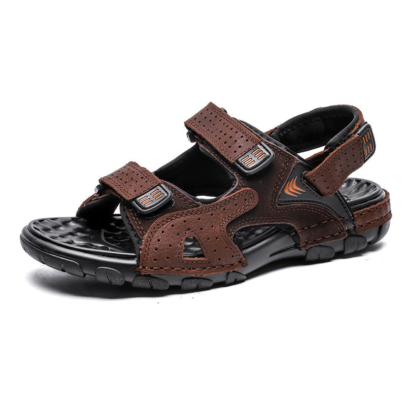 Men Summer Outdoor Comfy Cowhide Leather Non Slip Hook Loop Beach Sandals - Trendha
