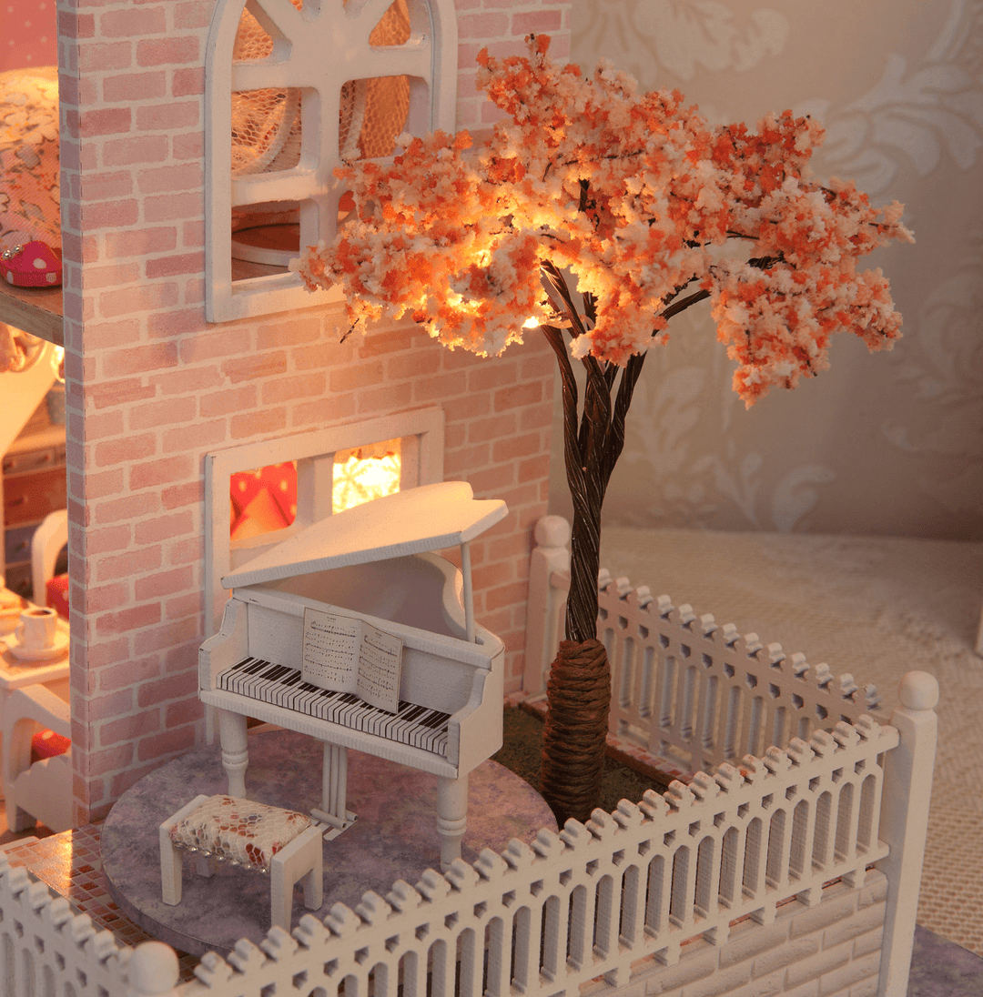 Cuteroom 1/24 DIY Wooden Dollhouse Pink Cherry Handmade Decorations Model with LED Light&Music Birthday - Trendha