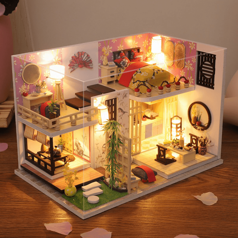 Wooden Japan Style Bamboo Maple House DIY Handmade Assembly Doll House Miniature Furniture Kit with LED Light Toy for Kids Birthday Gift Home Decoration - Trendha