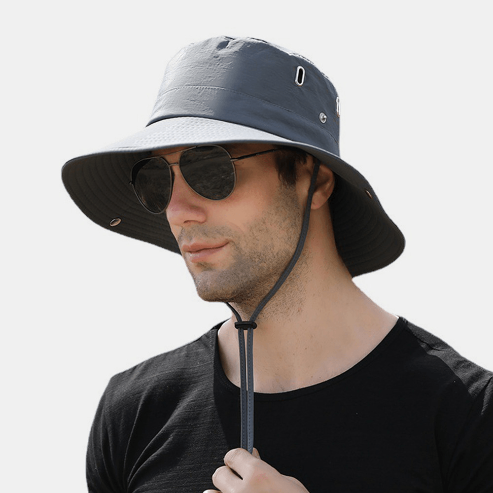 Men Big Brim Windproof Rope Adjustable Sunshade Hat Dual-Use Outdoor Fishing Mountaineering Anti-Uv Bucket Hat - Trendha