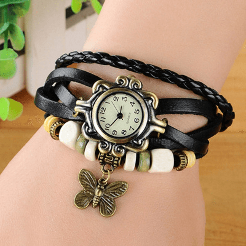 Women Casual Vintage Multilayer Butterfly Faux Leather Bracelet Quartz Watch - Trendha