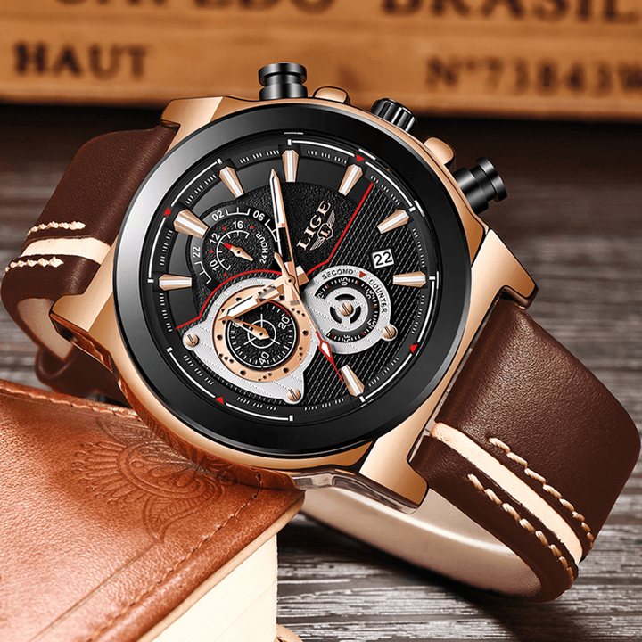 LIGE LG8901 Casual Sport Date Display Men Wrist Watch Luminous Display Leather Band Quartz Watch - Trendha