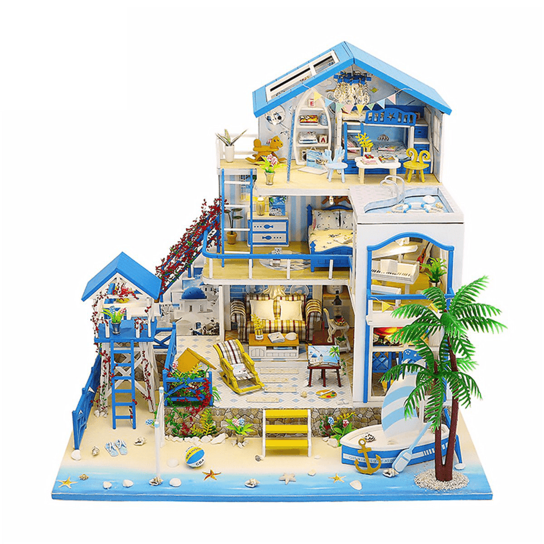 Wooden DIY Beach Villa Doll House Miniature Kit Handmade Assemble Toy with LED Light for Birthday Gift Collection Home Decor - Trendha