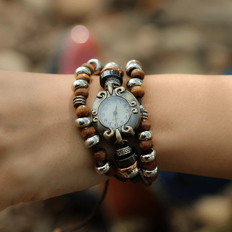 PANGKE Vintage Multilayer Quartz Watch Adjustable Leather Band Beaded Bracelet Watch - Trendha