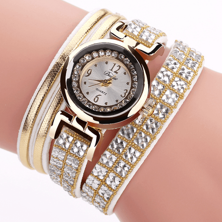 DUOYA Fashion Style Leather Band Bracelet Winding Rhinestones Dial Quartz Moement Ladies Watches - Trendha