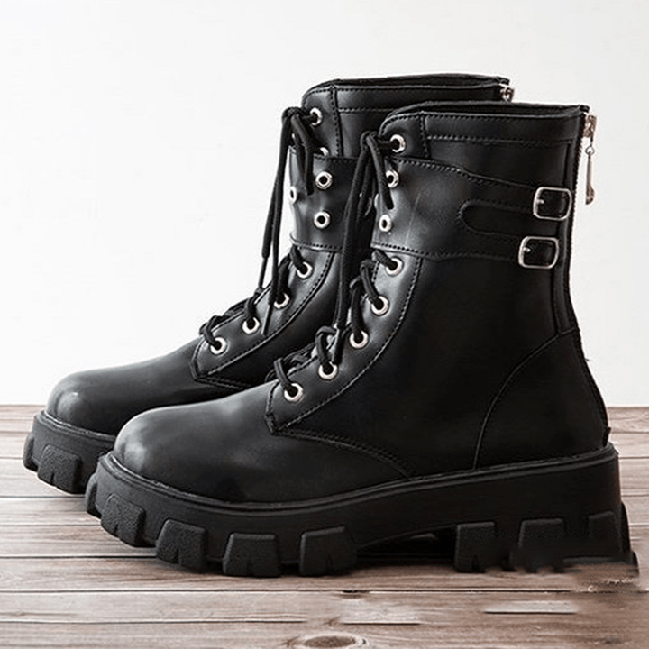 Women Casual Buckle Decor Lace up Thick Sole Combat Boots - Trendha