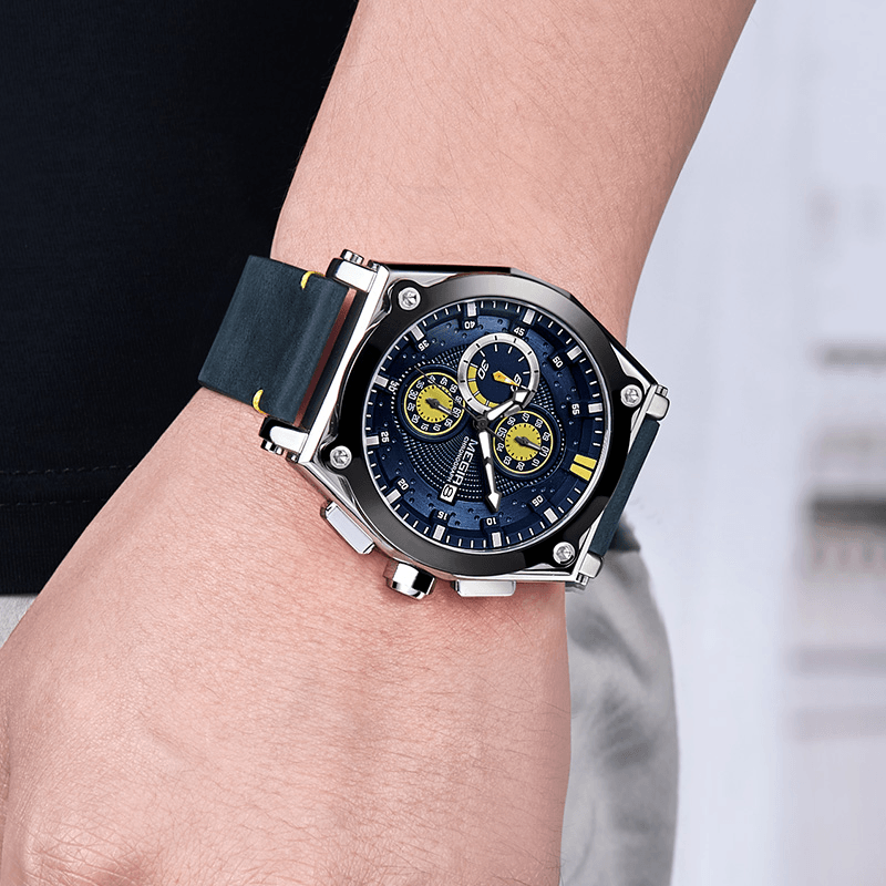 MEGIR 2098 Sports Chronograph Date Waterproof Quartz Watch Leather Strap Men Wrist Watch - Trendha