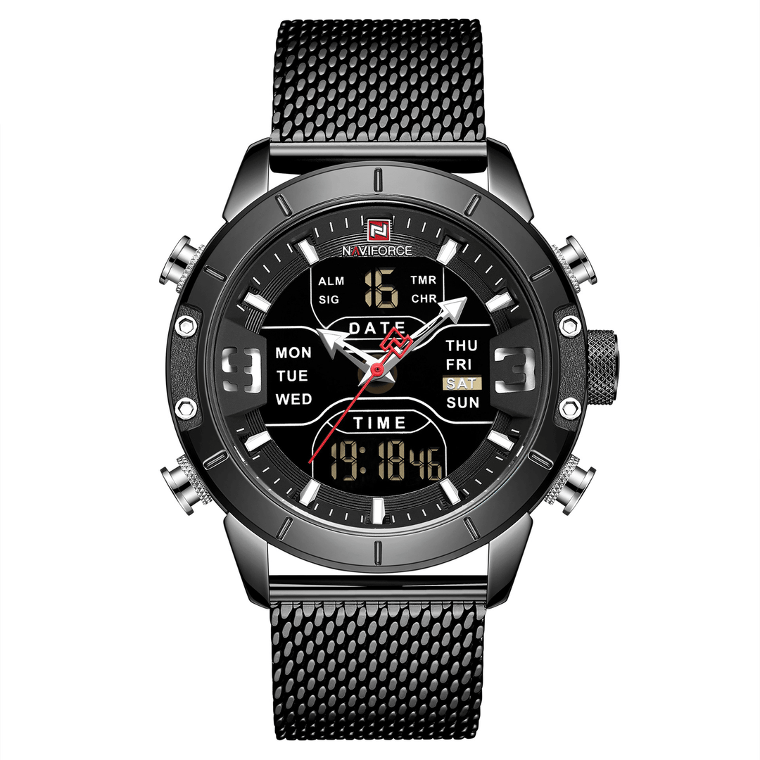 NAVIFORCE 9153 Business Style LED Dual Digital Watch Waterproof Full Steel Quartz Watch - Trendha